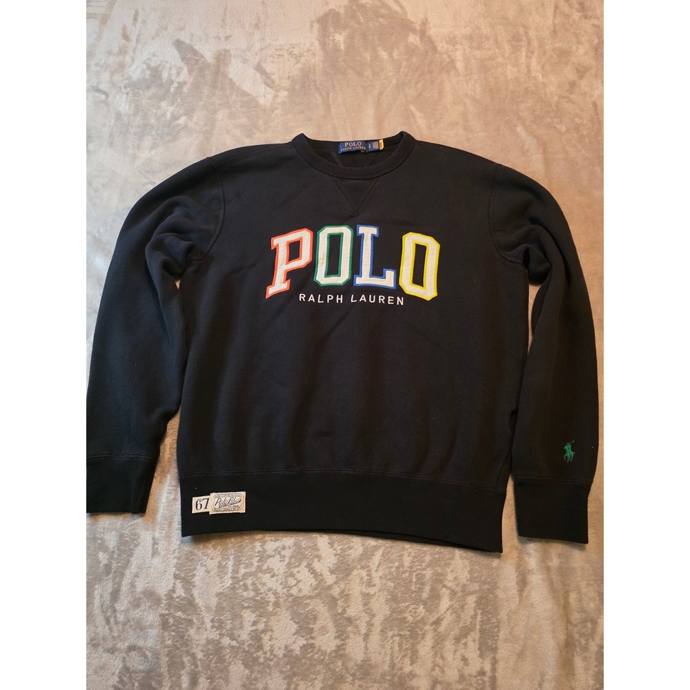 Polo Ralph Lauren Sweatshirt Mens Small Black Multi-Color Spellout Logo Crewneck